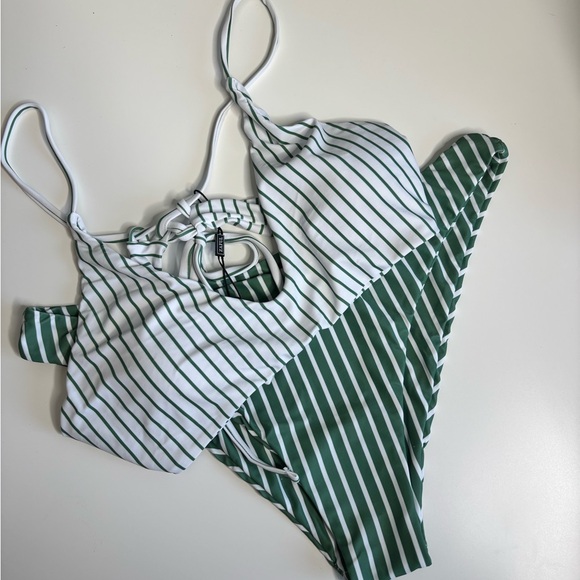 NWT ZAFUL Tie Back Bralette Bikini Set High Cut White Green Stripe XL - Picture 13 of 13